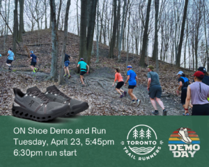 Toronto Trail Runners run up a hill in the Don Valley. ON Shoes and information about run day.